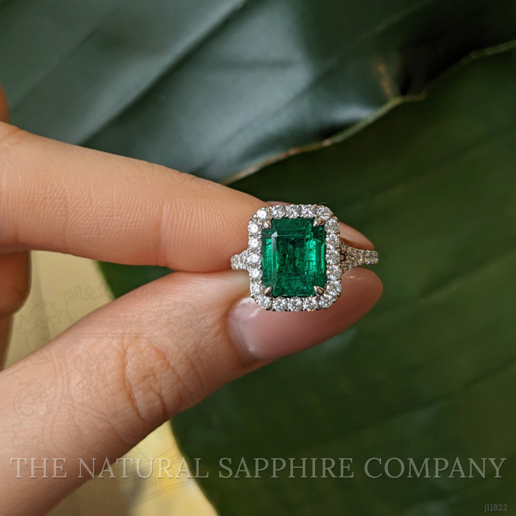 3.48 Ct. Emerald and Natural Diamond Pave Ring, 18K White Gold