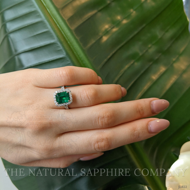 3.48 Ct. Emerald and Natural Diamond Pave Ring, 18K White Gold