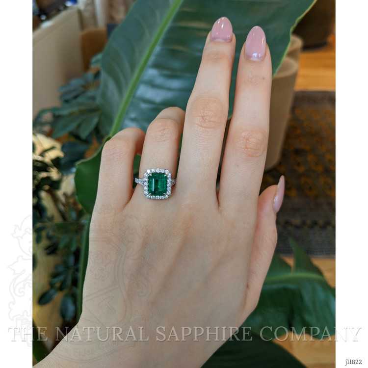 3.48 Ct. Emerald and Natural Diamond Pave Ring, 18K White Gold