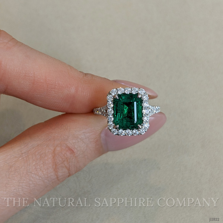 3.48 Ct. Emerald and Natural Diamond Pave Ring, 18K White Gold
