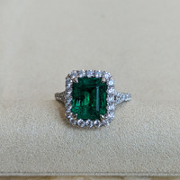 3.48 Ct. Emerald and Natural Diamond Pave Ring, 18K White Gold Life Style