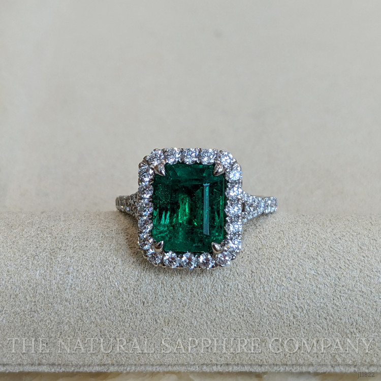 3.48 Ct. Emerald and Natural Diamond Pave Ring, 18K White Gold