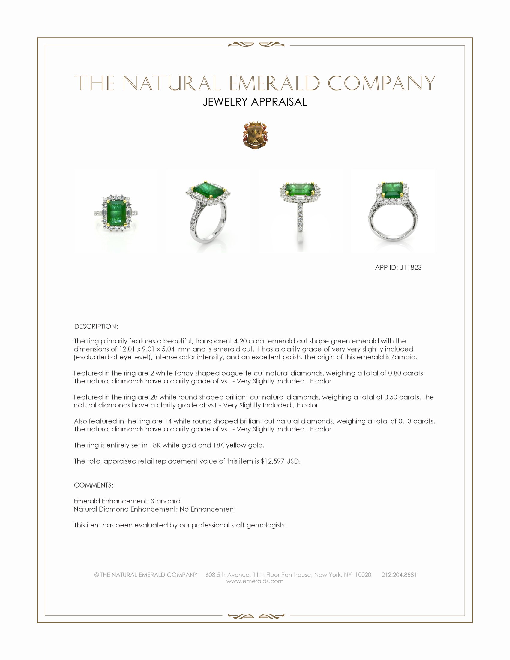 4.20 Ct. Emerald and Natural Diamond Pave Ring, 18K White & Yellow