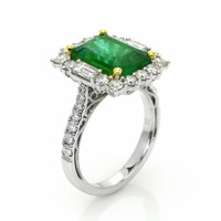 4.20 Ct. Emerald and Natural Diamond Pave Ring, 18K White & Yellow Image
