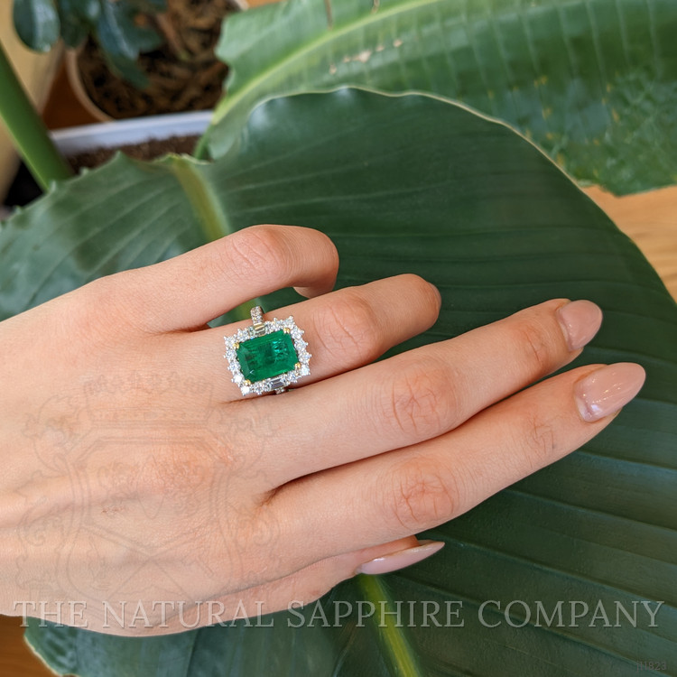 4.20 Ct. Emerald and Natural Diamond Pave Ring, 18K White & Yellow