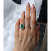 4.20 Ct. Emerald and Natural Diamond Pave Ring, 18K White & Yellow Life Style