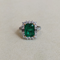 4.20 Ct. Emerald and Natural Diamond Pave Ring, 18K White & Yellow Life Style