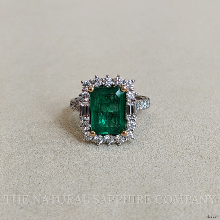 4.20 Ct. Emerald and Natural Diamond Pave Ring, 18K White & Yellow