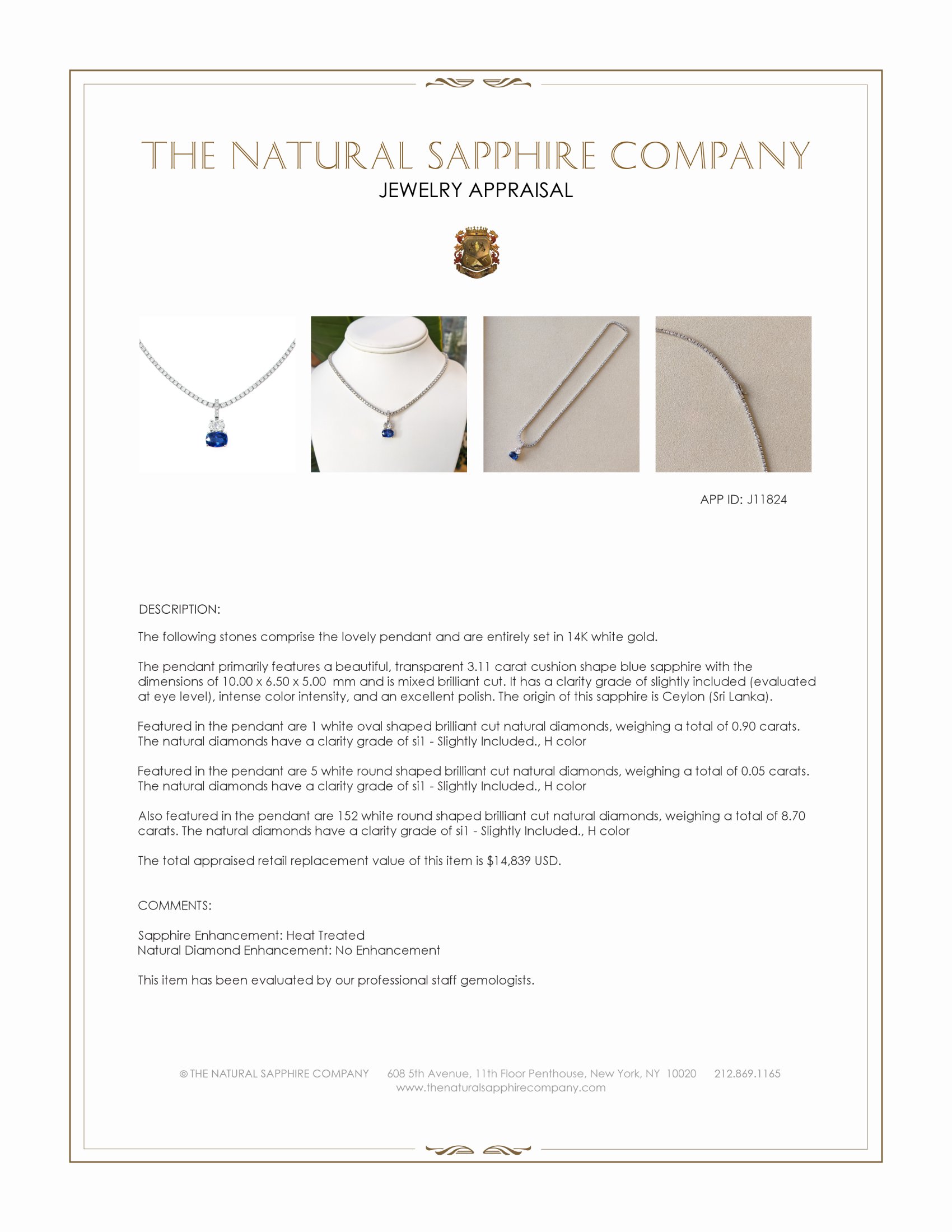 3.11 Ct. Blue Sapphire and Natural Diamond Pave Pendant, 14K White Gold