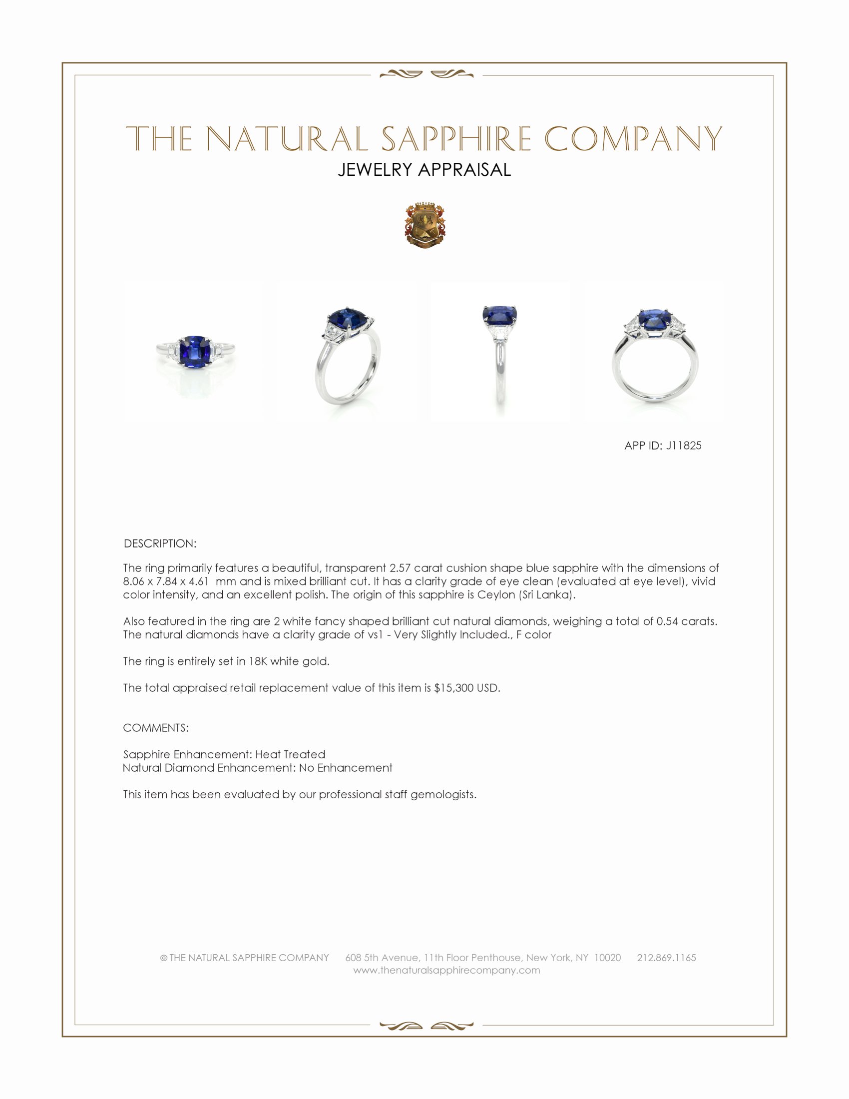 2.57 Ct. Blue Sapphire and Natural Diamond Three Stone Ring, 18K White Gold