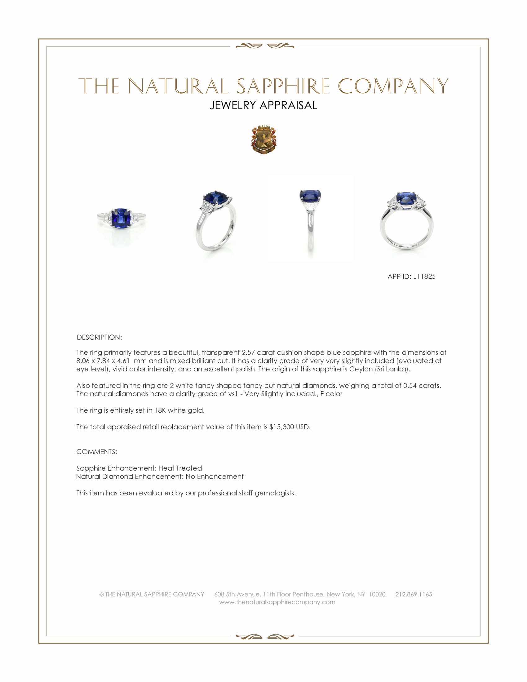 2.57 Ct. Blue Sapphire and Natural Diamond Three Stone Ring, 18K White Gold