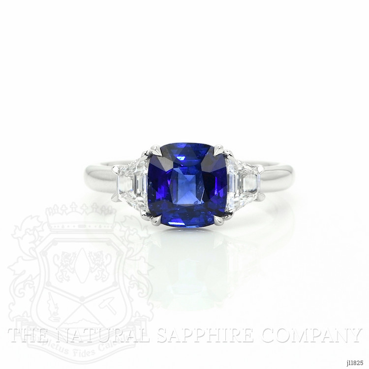 2.57 Ct. Blue Sapphire and Natural Diamond Three Stone Ring, 18K White Gold