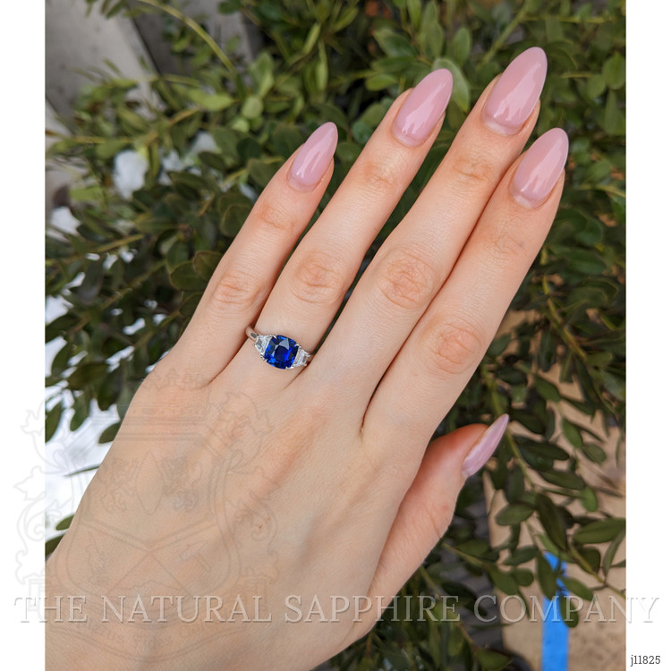 2.57 Ct. Blue Sapphire and Natural Diamond Three Stone Ring, 18K White Gold