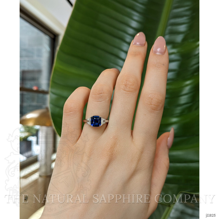 2.57 Ct. Blue Sapphire and Natural Diamond Three Stone Ring, 18K White Gold