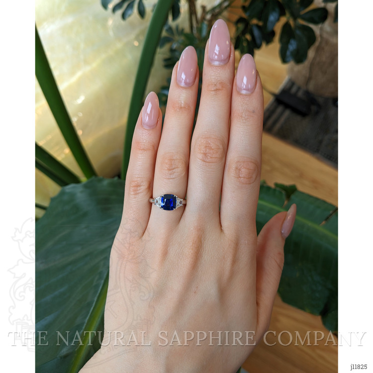 2.57 Ct. Blue Sapphire and Natural Diamond Three Stone Ring, 18K White Gold