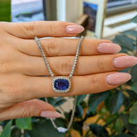 4.31 Ct. Blue Sapphire and Natural Diamond Pave Necklace, 14K White Gold Life Style