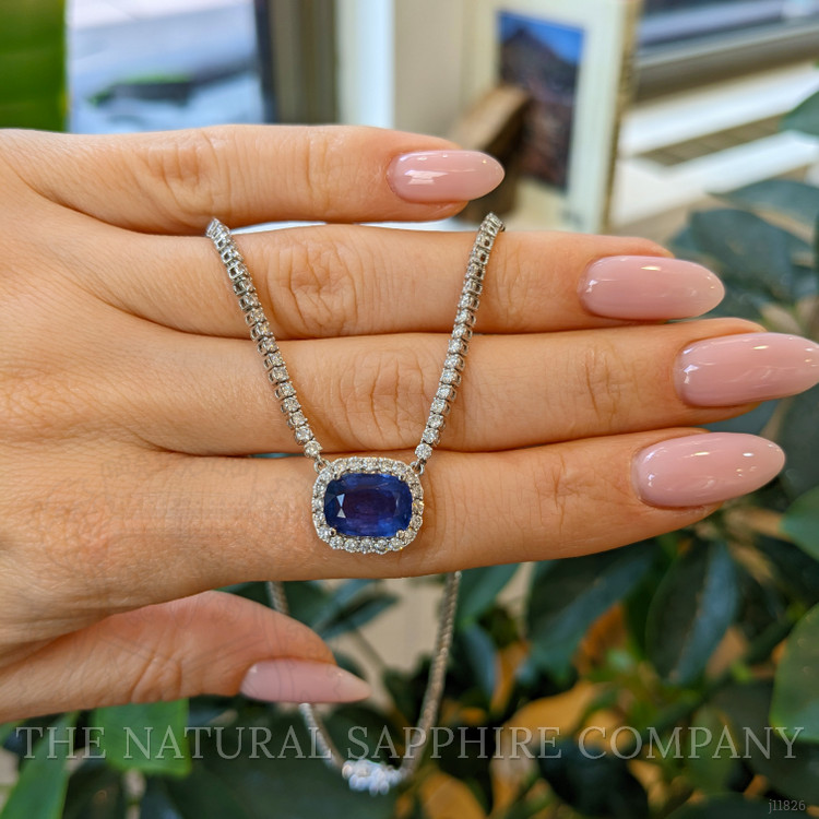 4.31 Ct. Blue Sapphire and Natural Diamond Pave Necklace, 14K White Gold