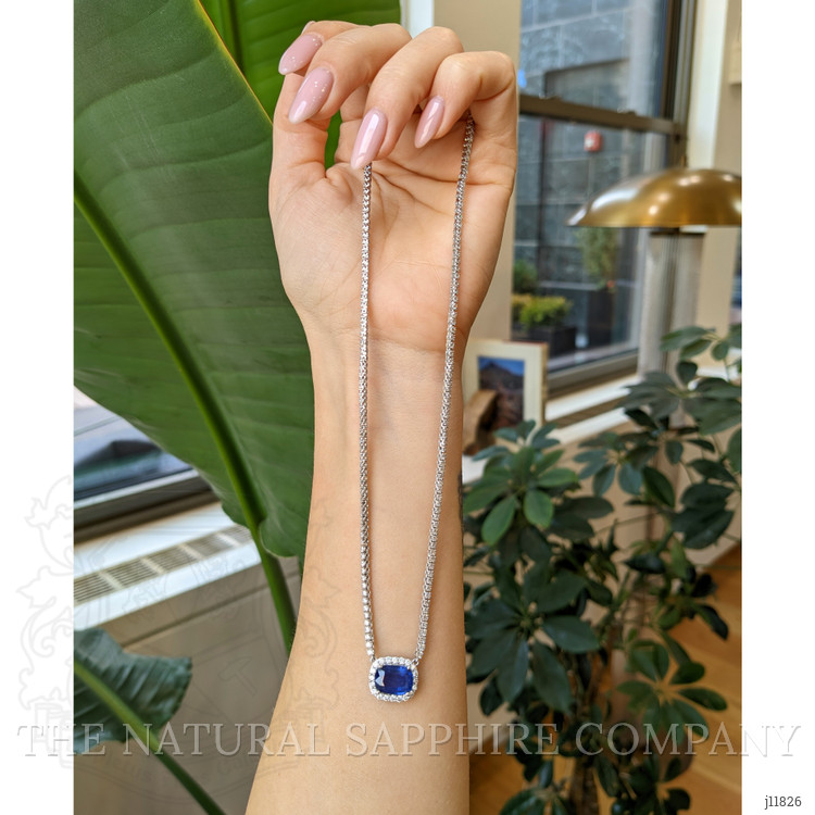 4.31 Ct. Blue Sapphire and Natural Diamond Pave Necklace, 14K White Gold