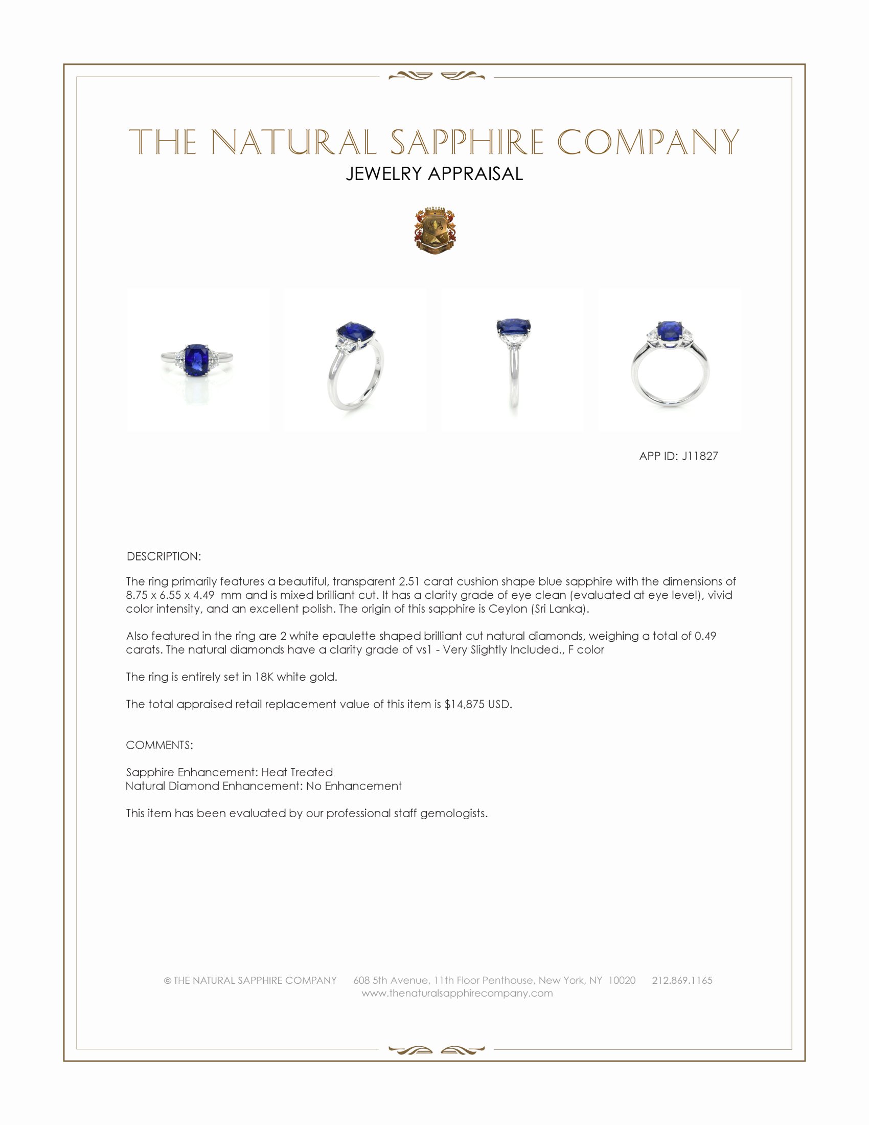 2.51 Ct. Blue Sapphire and Natural Diamond Three Stone Ring, 18K White Gold