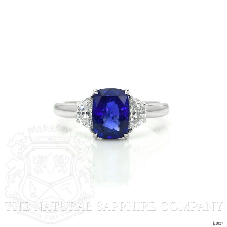 2.51 Ct. Blue Sapphire and Natural Diamond Three Stone Ring, 18K White Gold