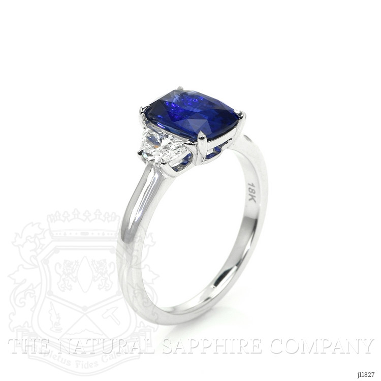 2.51 Ct. Blue Sapphire and Natural Diamond Three Stone Ring, 18K White Gold