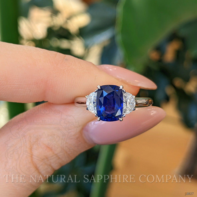 2.51 Ct. Blue Sapphire and Natural Diamond Three Stone Ring, 18K White Gold