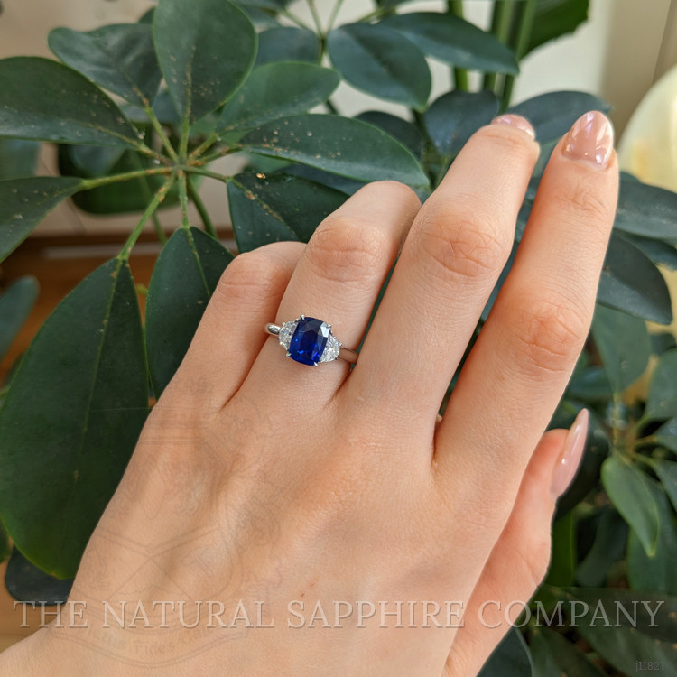 2.51 Ct. Blue Sapphire and Natural Diamond Three Stone Ring, 18K White Gold