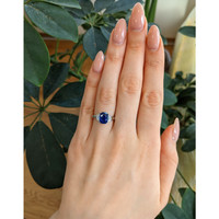 2.51 Ct. Blue Sapphire and Natural Diamond Three Stone Ring, 18K White Gold Life Style