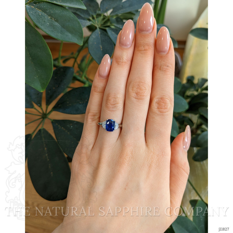 2.51 Ct. Blue Sapphire and Natural Diamond Three Stone Ring, 18K White Gold
