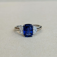 2.51 Ct. Blue Sapphire and Natural Diamond Three Stone Ring, 18K White Gold Life Style