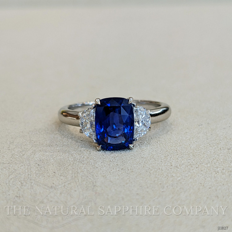2.51 Ct. Blue Sapphire and Natural Diamond Three Stone Ring, 18K White Gold