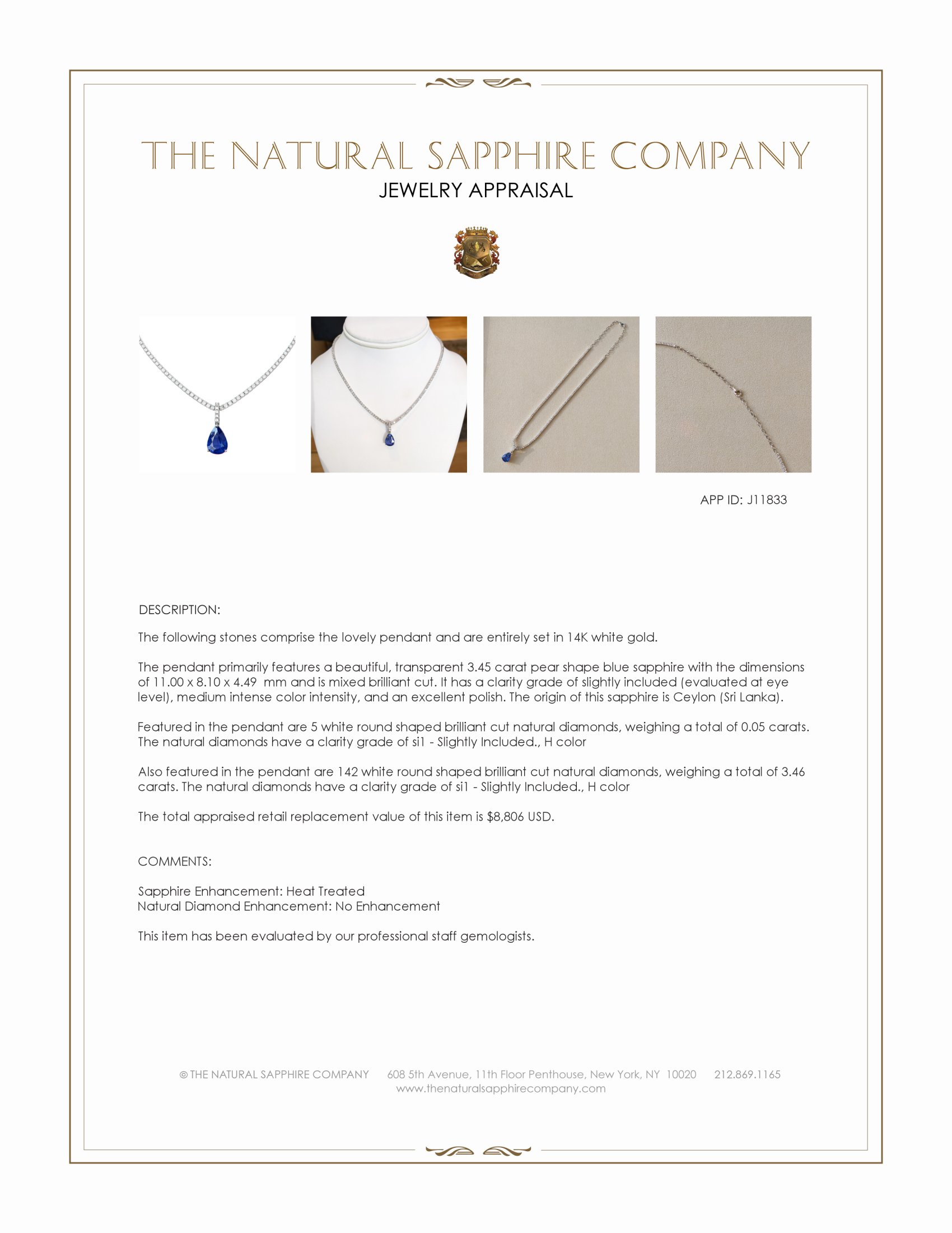 3.45 Ct. Blue Sapphire and Natural Diamond Pave Pendant, 14K White Gold