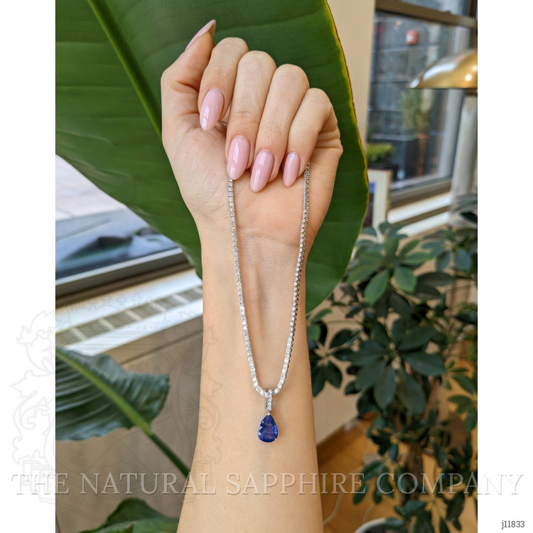 3.45 Ct. Blue Sapphire and Natural Diamond Pave Pendant, 14K White Gold