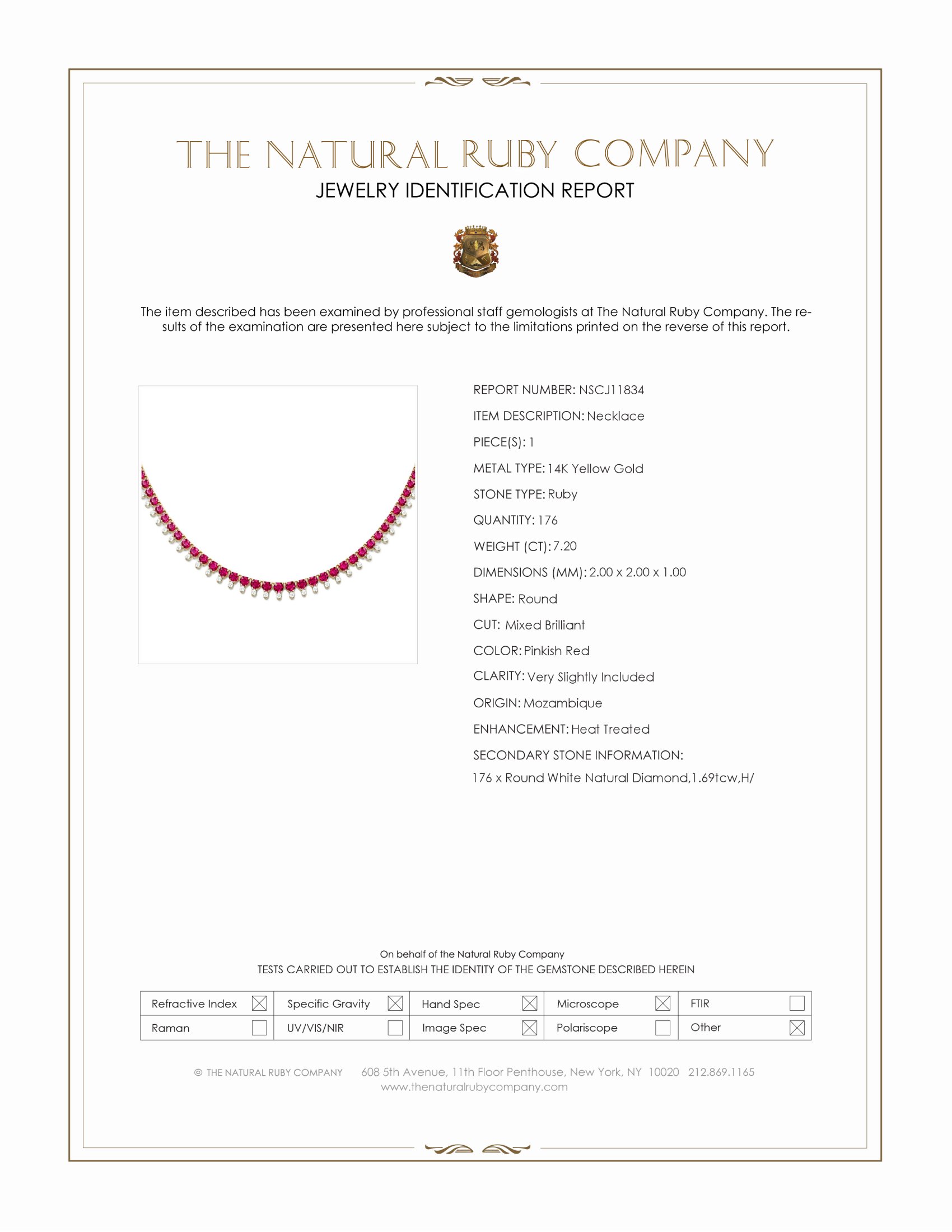 7.20 Ct. Pinkish Red Ruby and Natural Diamond Pave Necklace, 14K Yellow Gold