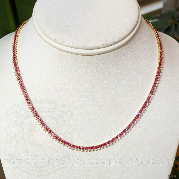 7.20 Ct. Pinkish Red Ruby and Natural Diamond Pave Necklace, 14K Yellow Gold