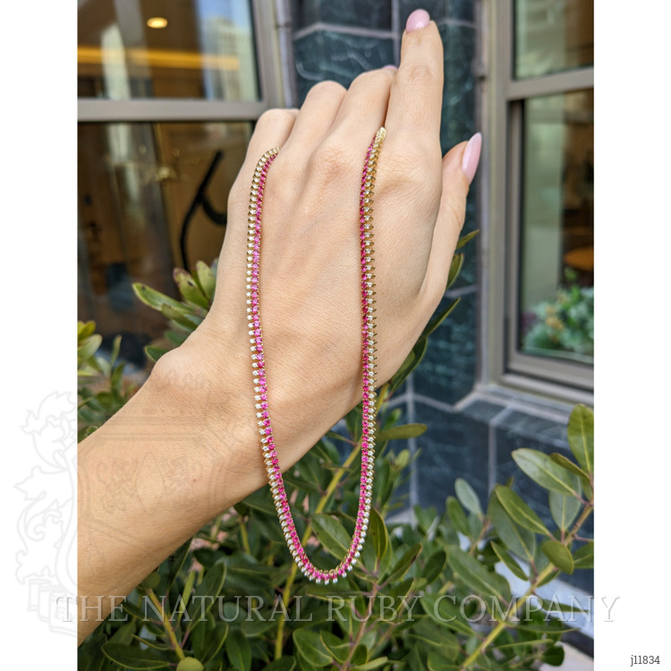7.20 Ct. Pinkish Red Ruby and Natural Diamond Pave Necklace, 14K Yellow Gold