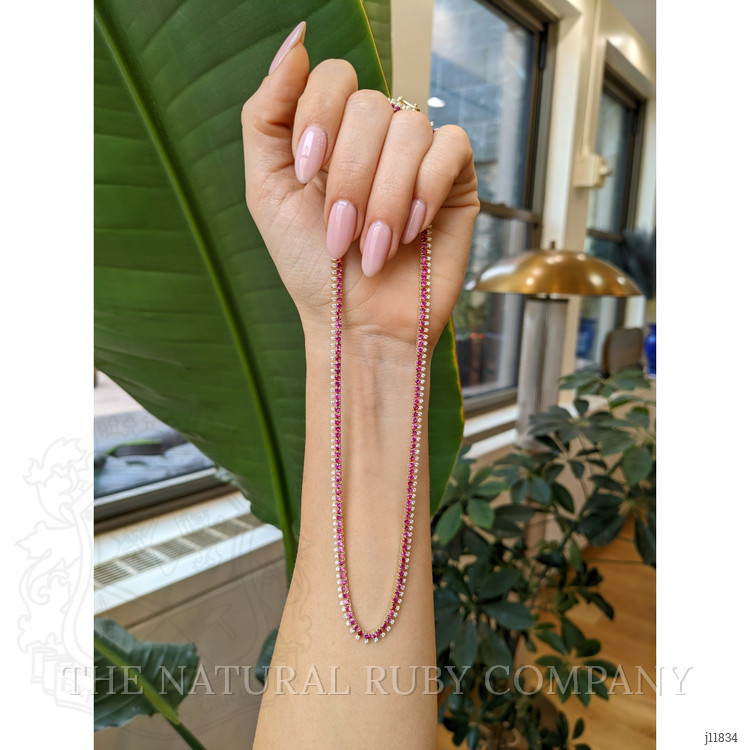 7.20 Ct. Pinkish Red Ruby and Natural Diamond Pave Necklace, 14K Yellow Gold