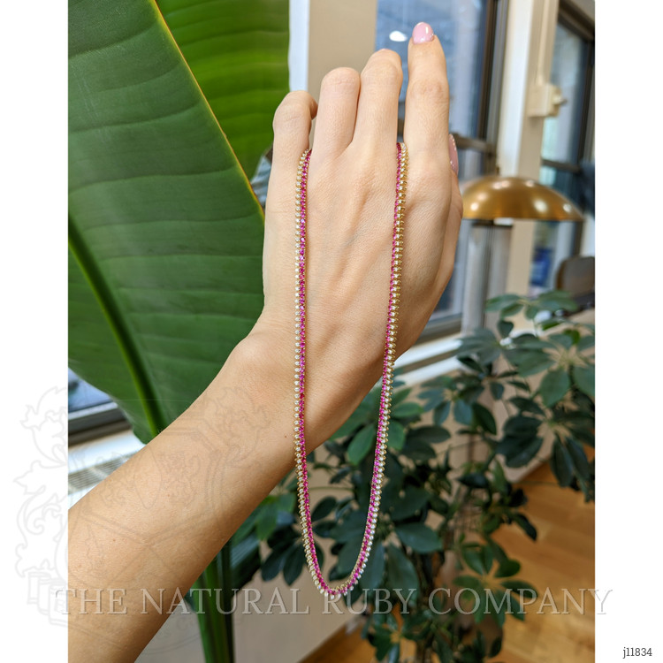 7.20 Ct. Pinkish Red Ruby and Natural Diamond Pave Necklace, 14K Yellow Gold