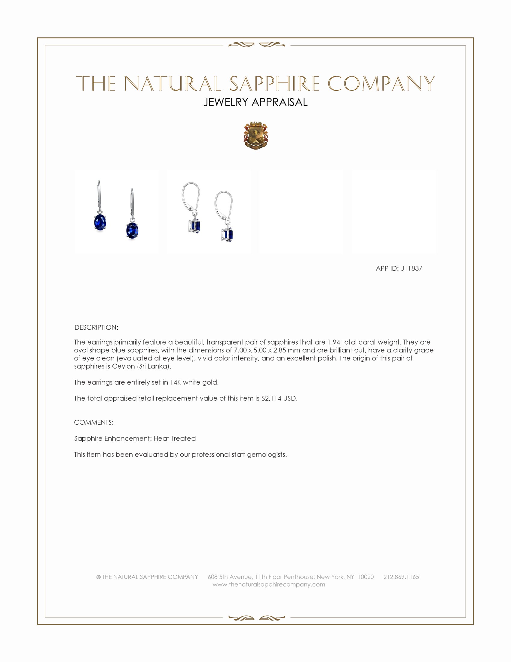 1.94 Ct.Tw. Blue Sapphire Drops Earrings, 14K White Gold