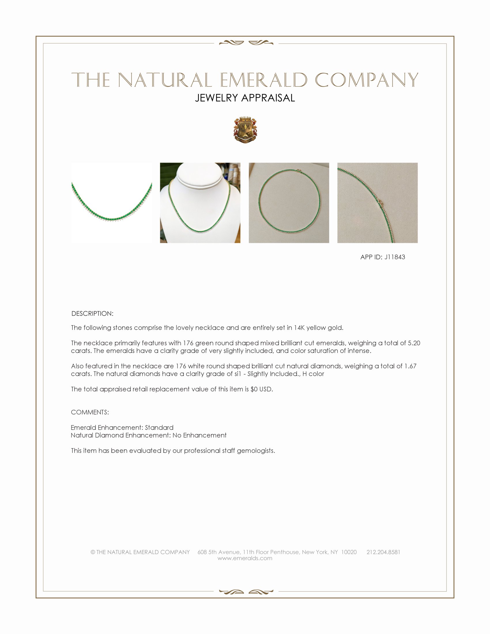 5.20 Ct. Emerald and Natural Diamond Pave Necklace, 14K Yellow Gold