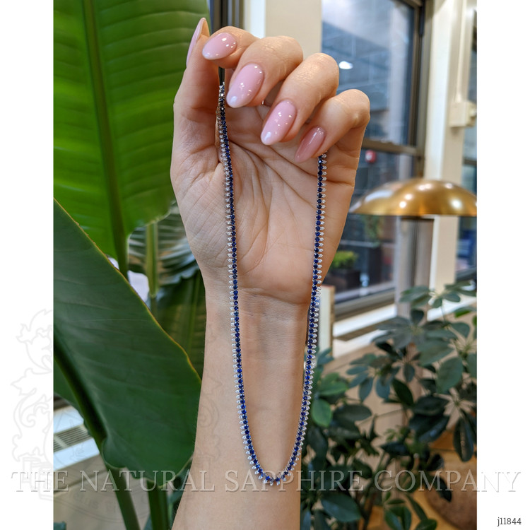 7.16 Ct. Blue Sapphire and Natural Diamond Pave Necklace, 14K White Gold