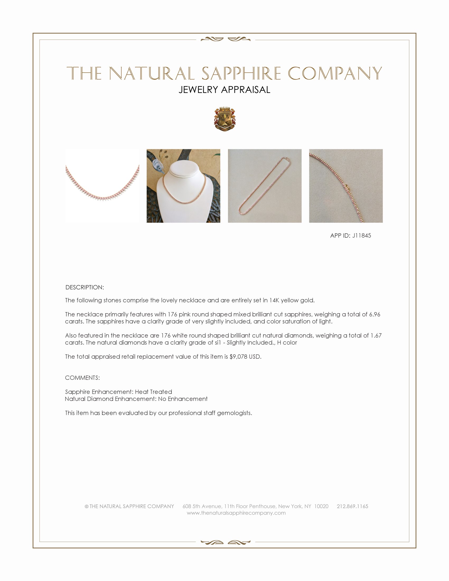 6.96 Ct. Pink Sapphire and Natural Diamond Pave Necklace, 14K Yellow Gold