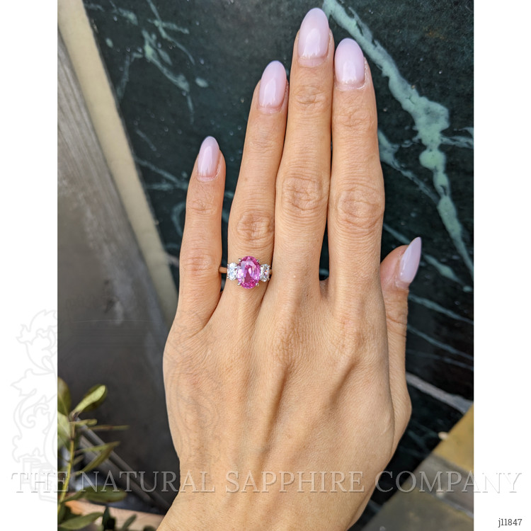 3.01 Ct. Pink Sapphire and Natural Diamond Three Stone Ring, Platinum 950