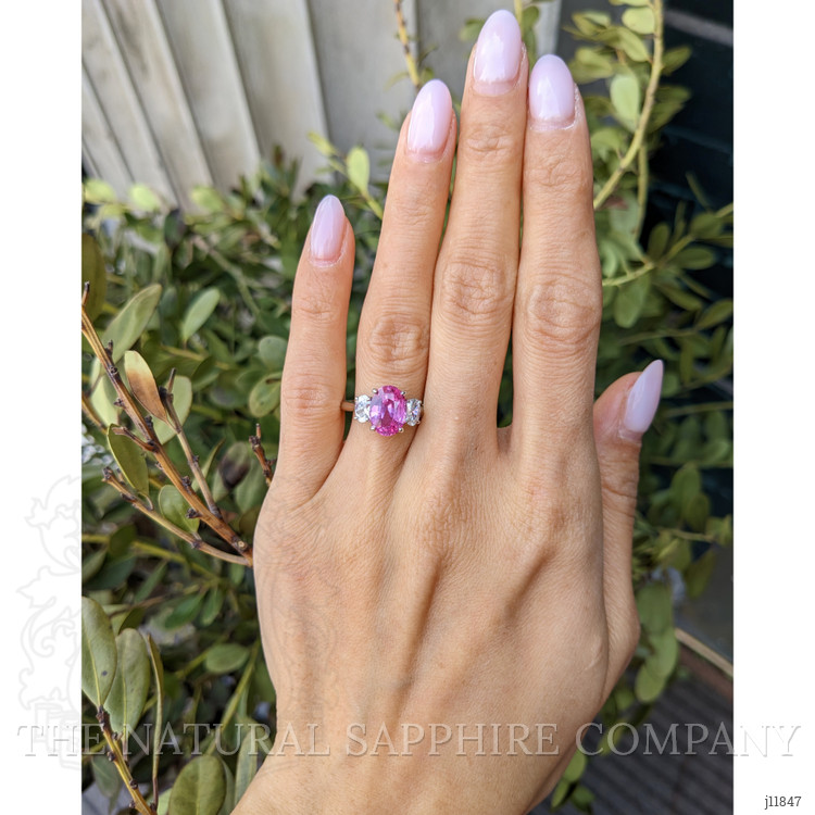 3.01 Ct. Pink Sapphire and Natural Diamond Three Stone Ring, Platinum 950