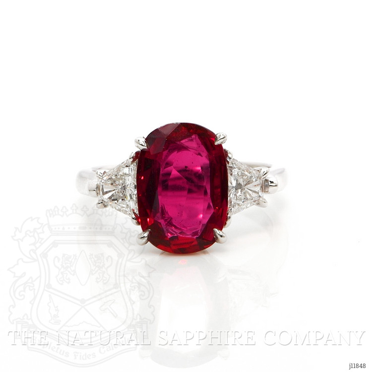 3.78 Ct. Ruby and Natural Diamond Three Stone Ring, Platinum 950