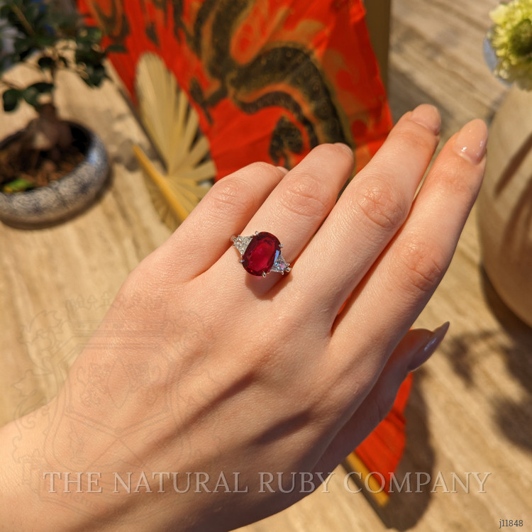 3.78 Ct. Ruby and Natural Diamond Three Stone Ring, Platinum 950