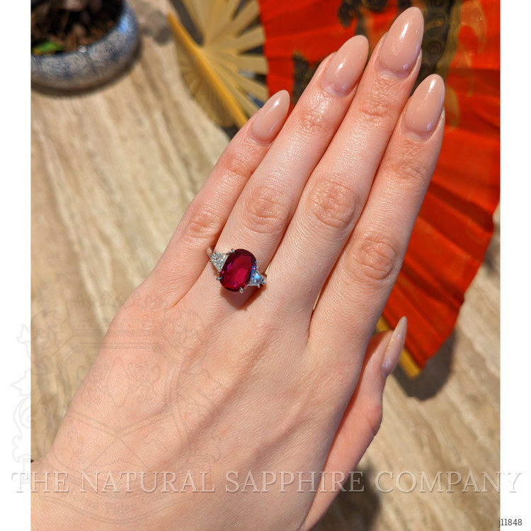 3.78 Ct. Ruby and Natural Diamond Three Stone Ring, Platinum 950