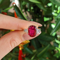 3.78 Ct. Ruby and Natural Diamond Three Stone Ring, Platinum 950 Life Style