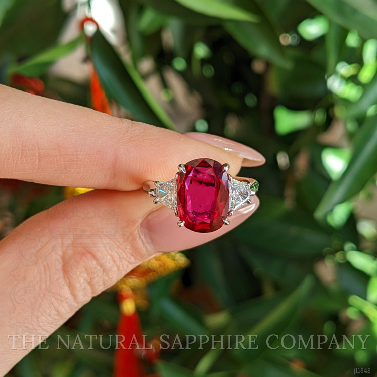 3.78 Ct. Ruby and Natural Diamond Three Stone Ring, Platinum 950