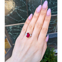 3.78 Ct. Ruby and Natural Diamond Three Stone Ring, Platinum 950 Life Style